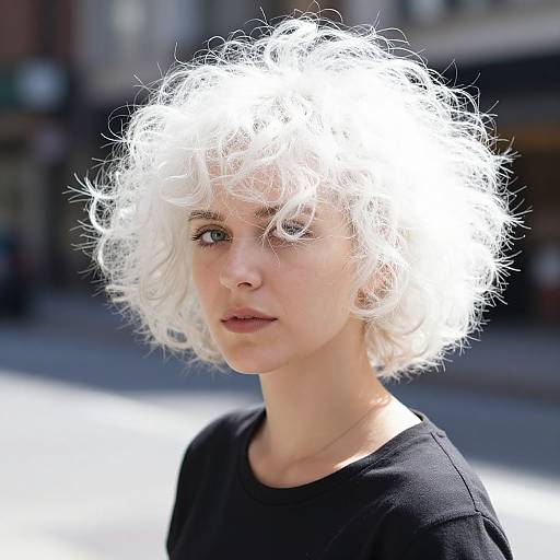 Photograph of a pale-skinned woman with wild, white, curly hair, wearing a black top, standing outdoors in bright sunlight.