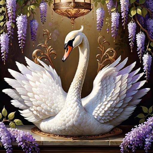 Regal Swan Amidst Wisteria Blooms