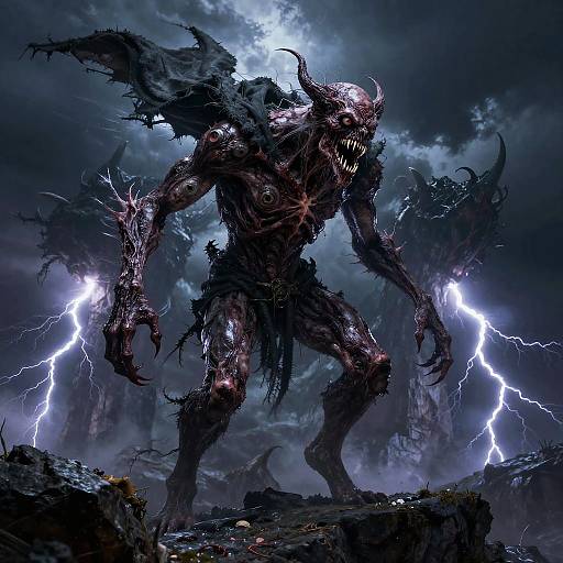 Digital artwork: Dark, terrifying monster with glowing eyes, sharp teeth, and tattered wings stands amid lightning bolts in a stormy, rocky landscape.