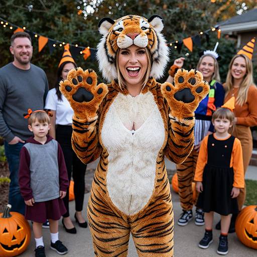 Photograph of a smiling woman in a tiger costume with paw gestures, surrounded by Halloween-decorated family and children, pumpkin-carved faces.