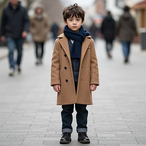 Photograph of a young boy with short brown hair, wearing a tan coat, dark scarf, black pants, and shoes, standing in a blurred,