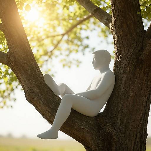 Silhouetted nude figure sitting in tree branch, sunlight filtering through leaves, creating a glowing, ethereal effect. Photorealistic CGI.
