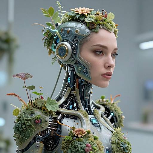 Digital artwork of a futuristic, robotic woman with human-like features, adorned with artificial flowers and foliage, in a sleek, high-tech environment.