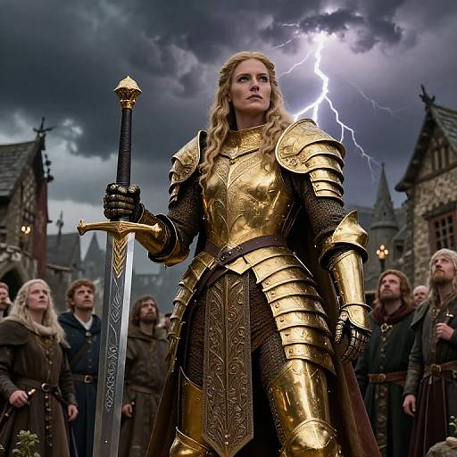 Photorealistic digital art: Blonde woman in golden medieval armor stands with sword, lightning bolt in stormy sky, surrounded by Viking-style warriors.