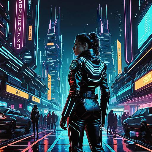 Female Cyberpunk Engineer in Futuristic Cityscape