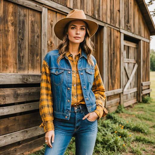 Woman in Denim Jacket and Plaid Shirt by Barn