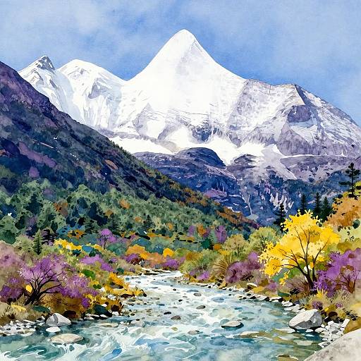 Vibrant digital painting of a snowy mountain range with colorful autumn foliage, flowing river, and clear blue sky.