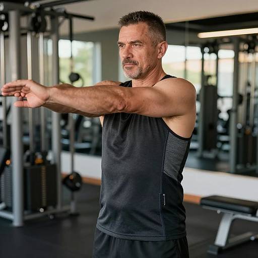 Photograph of a muscular, middle-aged man with short, spiked gray hair and beard, wearing a black tank top and shorts, stretching in a modern