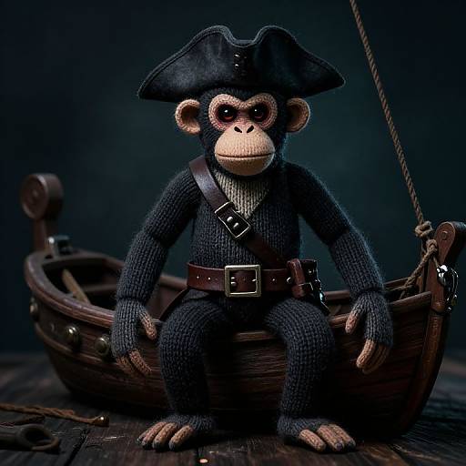 Photorealistic CGI of a monkey in a pirate outfit, with a black tricorn hat, navy knit clothes, and brown belt, sitting in a