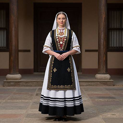 Photograph of a woman in traditional Eastern European folk dress, standing in front of a building with wooden columns, wearing a white veil, black and white