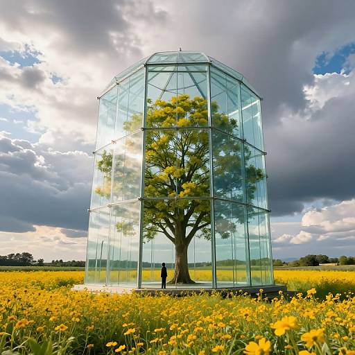 Photograph: Glass cube encases a tree in a vibrant yellow field, with a person standing beside it under a dramatic, cloudy sky.