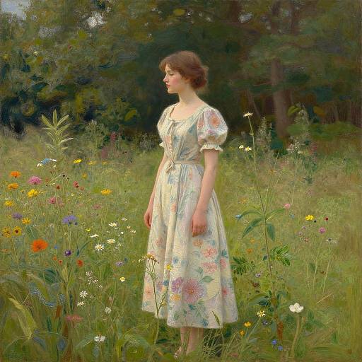 Photograph-style painting of a young woman with fair skin and brown hair in a floral dress, standing in a vibrant, wildflower-filled meadow with