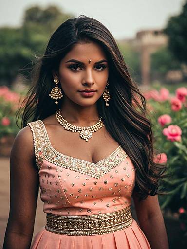 Dark-Skinned Woman in Peach Ghagra Outdoors