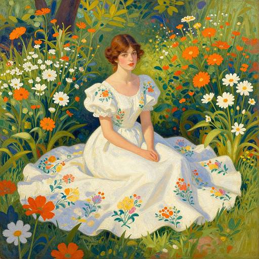 Digital painting of a fair-skinned woman with brown curls in a white, floral-embellished dress, sitting amid a vibrant garden of orange and