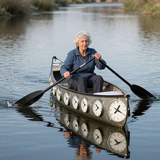 Elderly woman with white hair in navy hoodie rows unique clock-faced boat on calm river, reflections visible, sunny day.