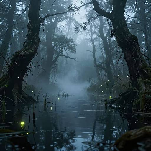 Mysterious foggy forest scene with dark, twisted trees, glowing fireflies, and a still, reflective waterway, bathed in blue light.