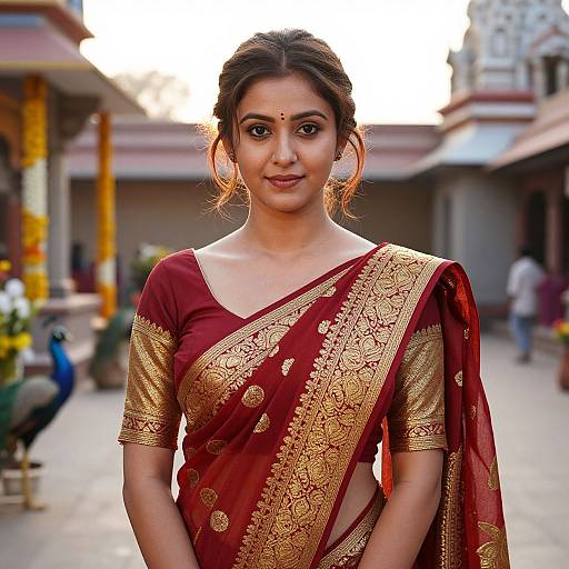 Photograph of a young Indian woman with medium skin tone, wearing a red and gold traditional sari, standing in a sunlit street with blurred buildings