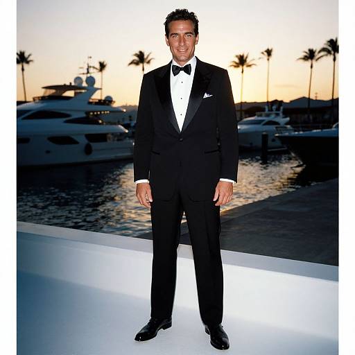 Photograph of a handsome man in a black tuxedo with a white shirt and black bow tie, standing on a marina at sunset with y