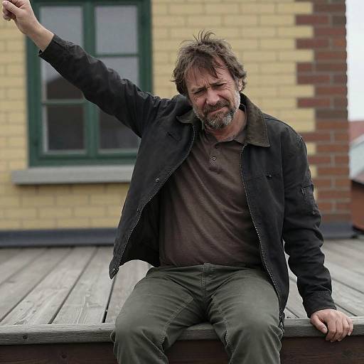 Disheveled Man on Wooden Rooftop