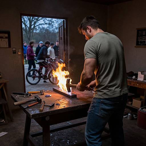 Photograph of a muscular man in a green shirt, black jeans, welding metal on a workbench with a bright flame, surrounded by tools, in
