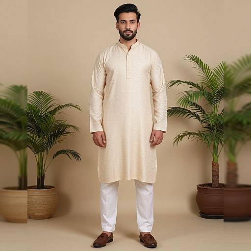 Photograph of a bearded South Asian man in a cream-colored traditional long kurta and white pants, standing between two potted palm plants against a