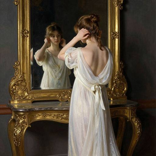 A woman with brown hair in a white, backless gown stands before an ornate gold mirror, adjusting her hair in a dimly lit room.