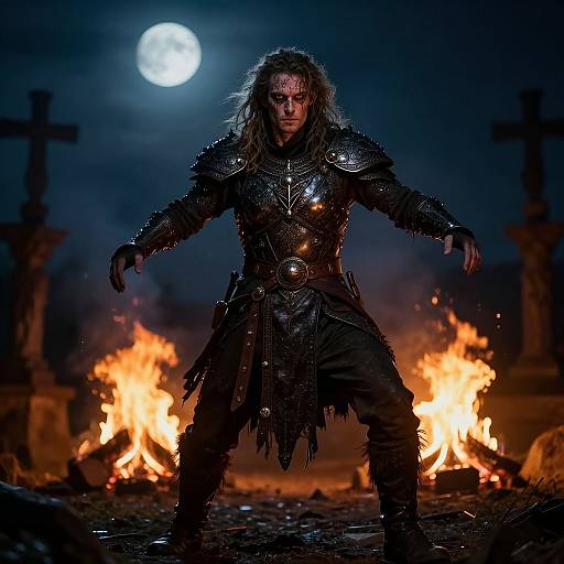 Photograph of a fierce, armored warrior with long hair, standing against a dark night sky with a full moon, surrounded by fiery torches and stone