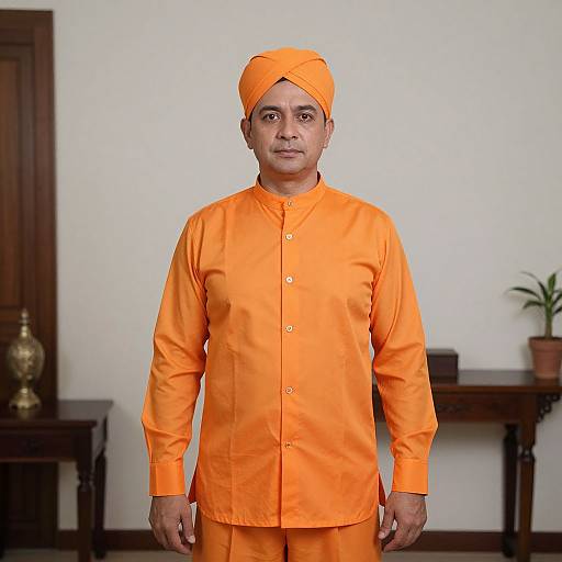 Photograph of a man in bright orange prison uniform and headscarf, standing in a simple room with wooden furniture.
