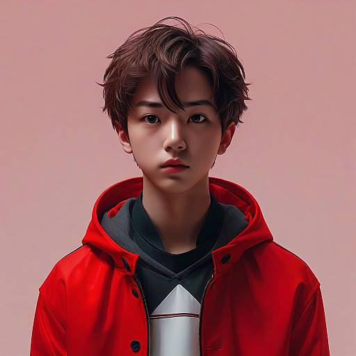Photorealistic digital portrait of a young Asian man with tousled brown hair, wearing a bright red hoodie over a black shirt, against a soft pink