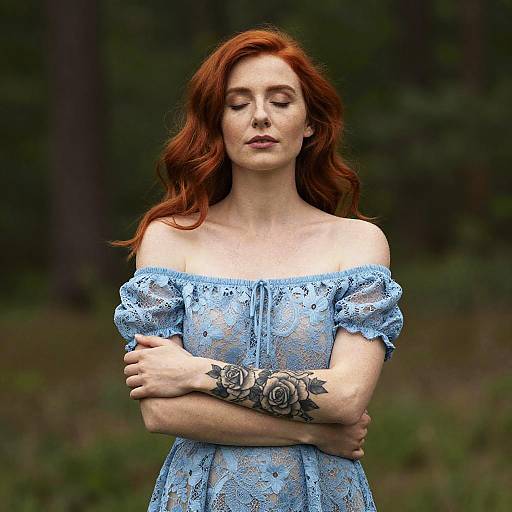Photograph of a red-haired woman with fair skin, wearing an off-shoulder blue lace dress, standing in a forest with arms crossed, showcasing