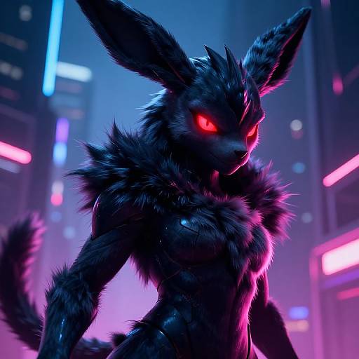 Digital artwork of a fierce, glowing red-eyed, dark-furred anthropomorphic creature with spiky fur in a neon-lit, cyberpunk cityscape