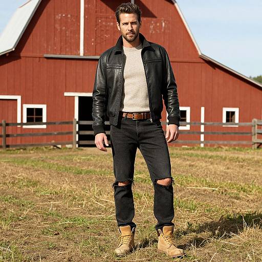 Photograph of a bearded man with dark hair, wearing a black leather jacket, white shirt, ripped jeans, and tan boots, standing in front