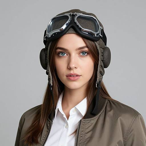 Photograph of a young woman with blue eyes, wearing black aviator goggles, earmuffs, and a brown jacket over a white shirt, against a