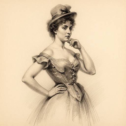 Sepia-toned sketch of a confident woman in an off-shoulder, corseted dress and hat, hand on hip, finger to lips