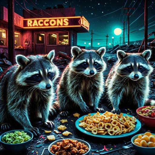 Playful Raccoons Late-Night Snacking in Neon Wasteland