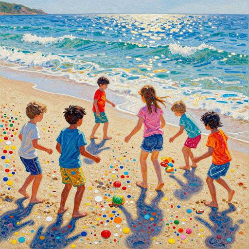 Pointillism Beach Scene with Children