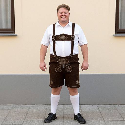 Photograph of a smiling, fair-skinned man with curly brown hair, wearing a white shirt, black lace-trimmed lederhosen,