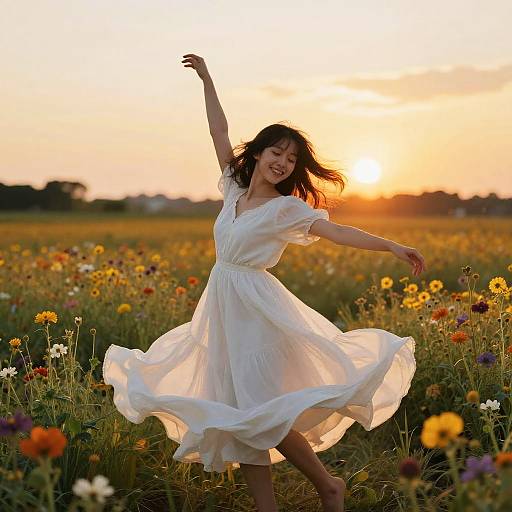 Photograph of a smiling Asian woman in a flowing white dress dancing in a colorful wildflower field at sunset.