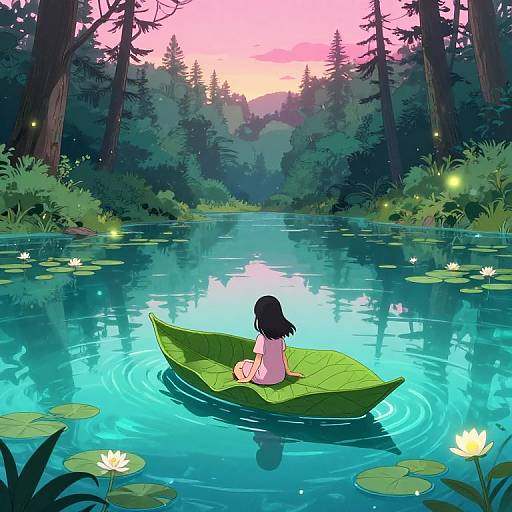 Digital anime-style illustration of a nude girl with black hair sitting on a green leaf boat in a tranquil, glowing blue lake surrounded by lilies and tall