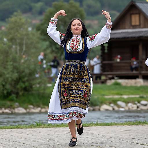 Photograph of a smiling woman with long black hair, wearing a traditional black and white embroidered dress, dancing outdoors with arms raised, in front of a