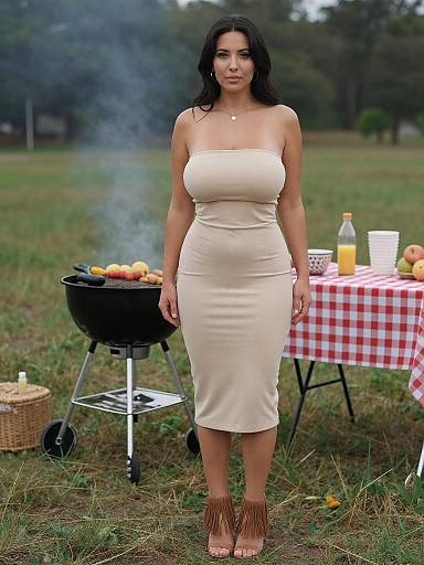 Photograph of a curvy woman with dark hair in a strapless beige dress, standing in a grassy park, next to a BBQ grill and