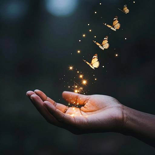 Outstretched Hand with Golden Sparks and Butterflies