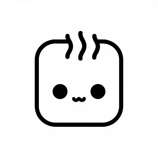 Black and white minimalist digital drawing of a cute, square-shaped character with two curved lines on top, dot eyes, and a small dot mouth.