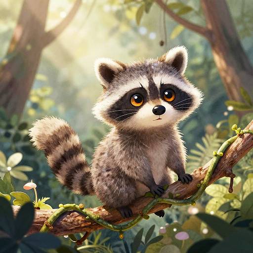Watercolor Cartoon Raccoon in Rainforest