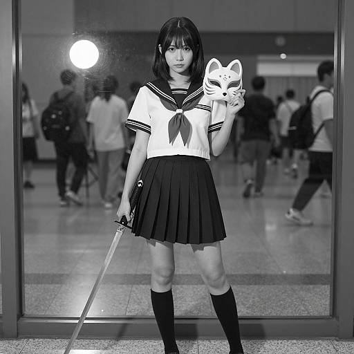 Dynamic Schoolgirl with Sword and Mask