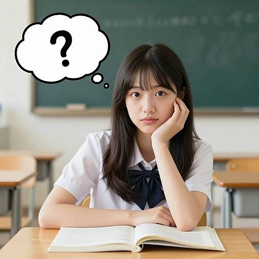 Asian schoolgirl with long black hair, white shirt, black bow, thinking a question mark, rests chin on hand, textbook on desk, classroom background