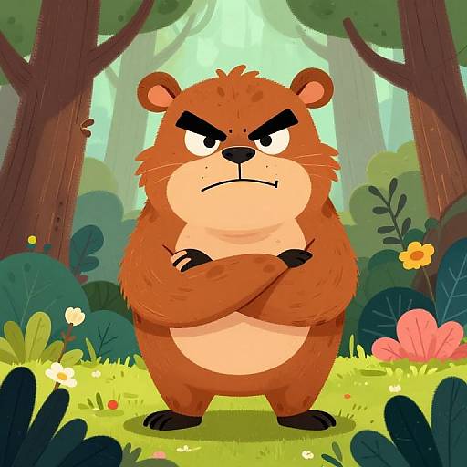 Cartoon bear with angry expression, arms crossed, standing in bright forest; tall trees, colorful flowers, greenery, and sunlight in background.