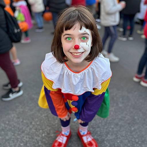 Photograph of a young girl with green eyes, red nose, and white face paint, dressed as a clown with colorful outfit, smiling up at the