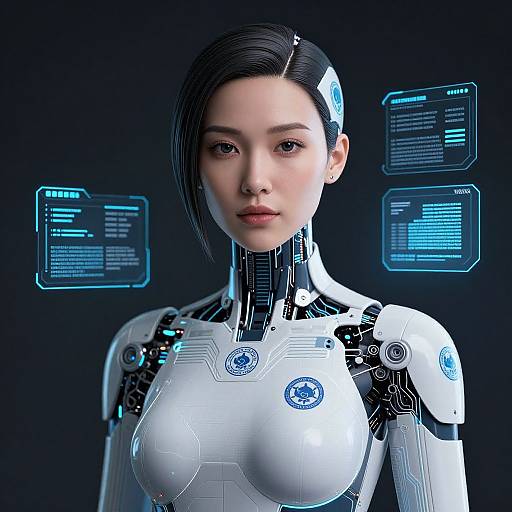 CGI image of a sleek, futuristic, Asian female android with black hair, white and black cybernetic bodysuit, and glowing blue holog