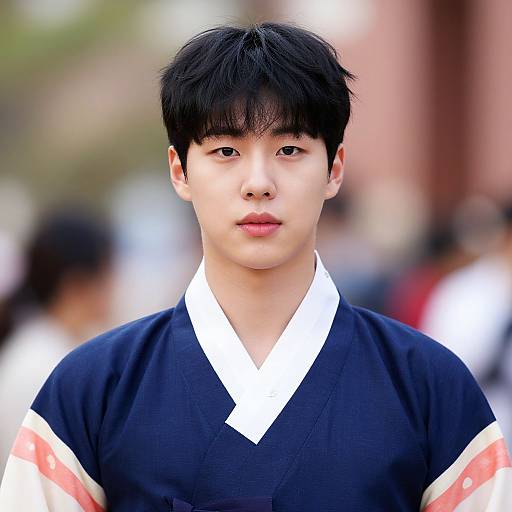 Photograph of a young Asian man with black hair and fair skin, wearing a traditional black kimono with white collar and red armbands, standing